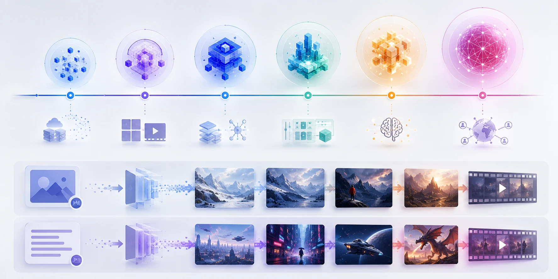 AI video model timeline and creator workflow visual with text-to-video and image-to-video frame cards