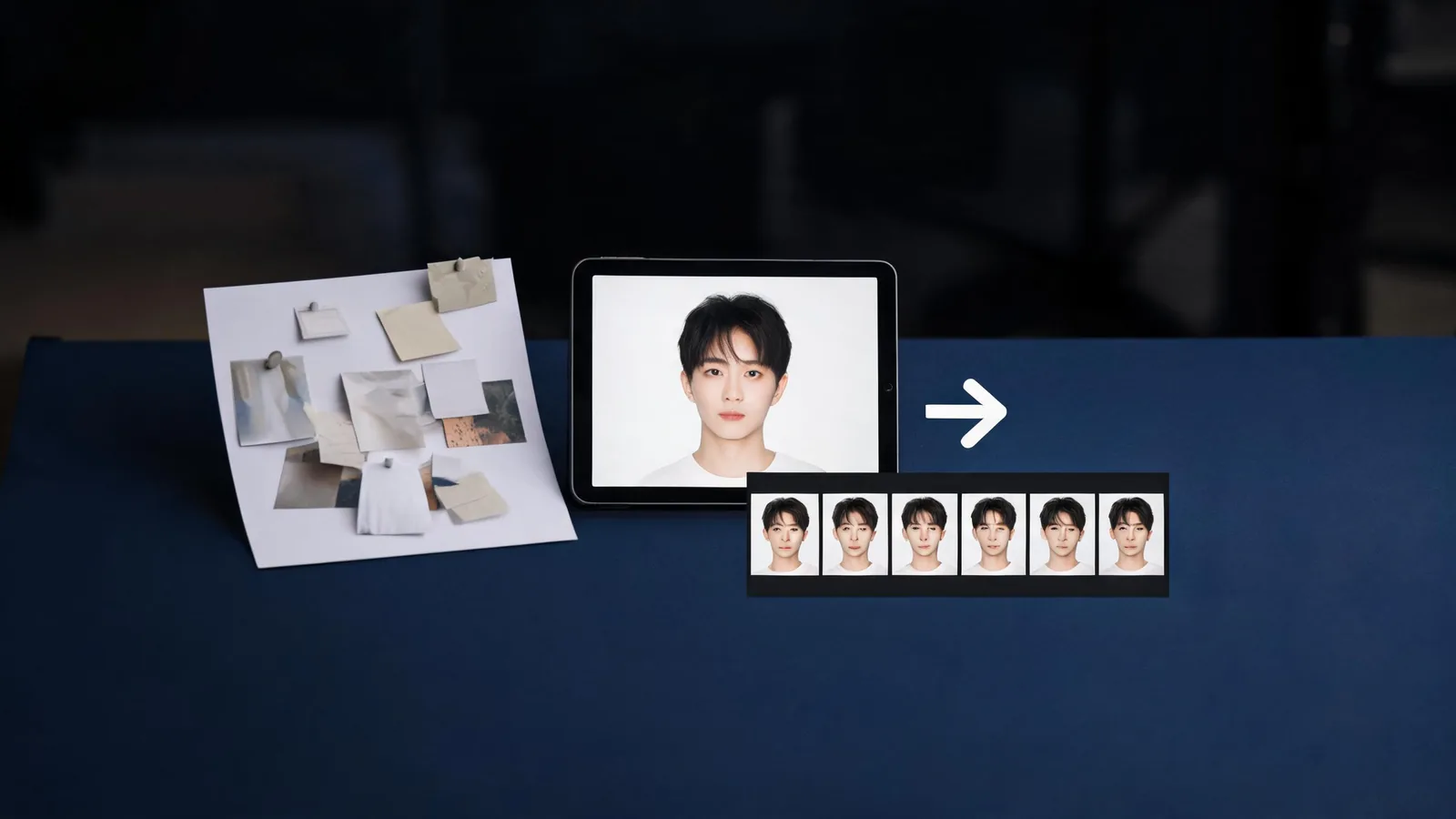 Editorial illustration of a clean, permitted portrait photo on a tablet beside a small motion arrow and a six-frame review strip, dark blue studio desk, no text, no logos