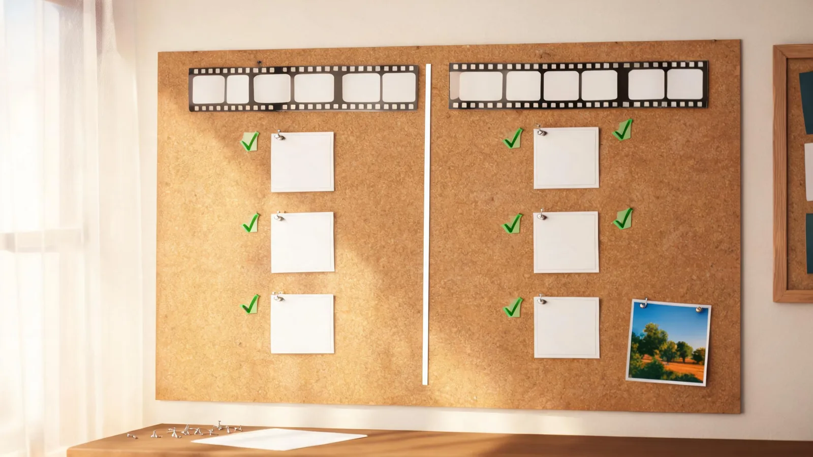 Professional video-production review board with unlabelled story cards, a film strip, neutral check tokens, and a small colour reference photo