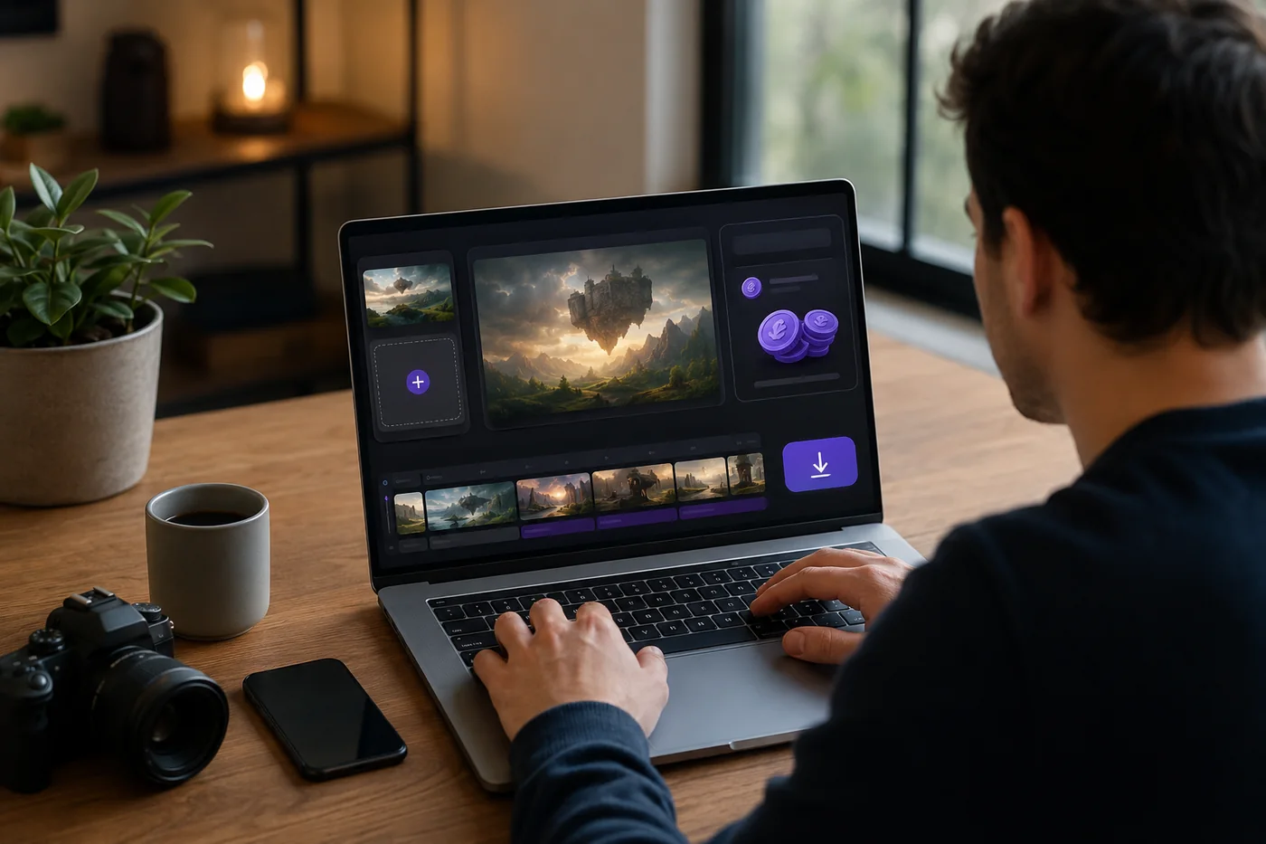 Concept visual of trying an AI video generator with starter credits and video timeline cards