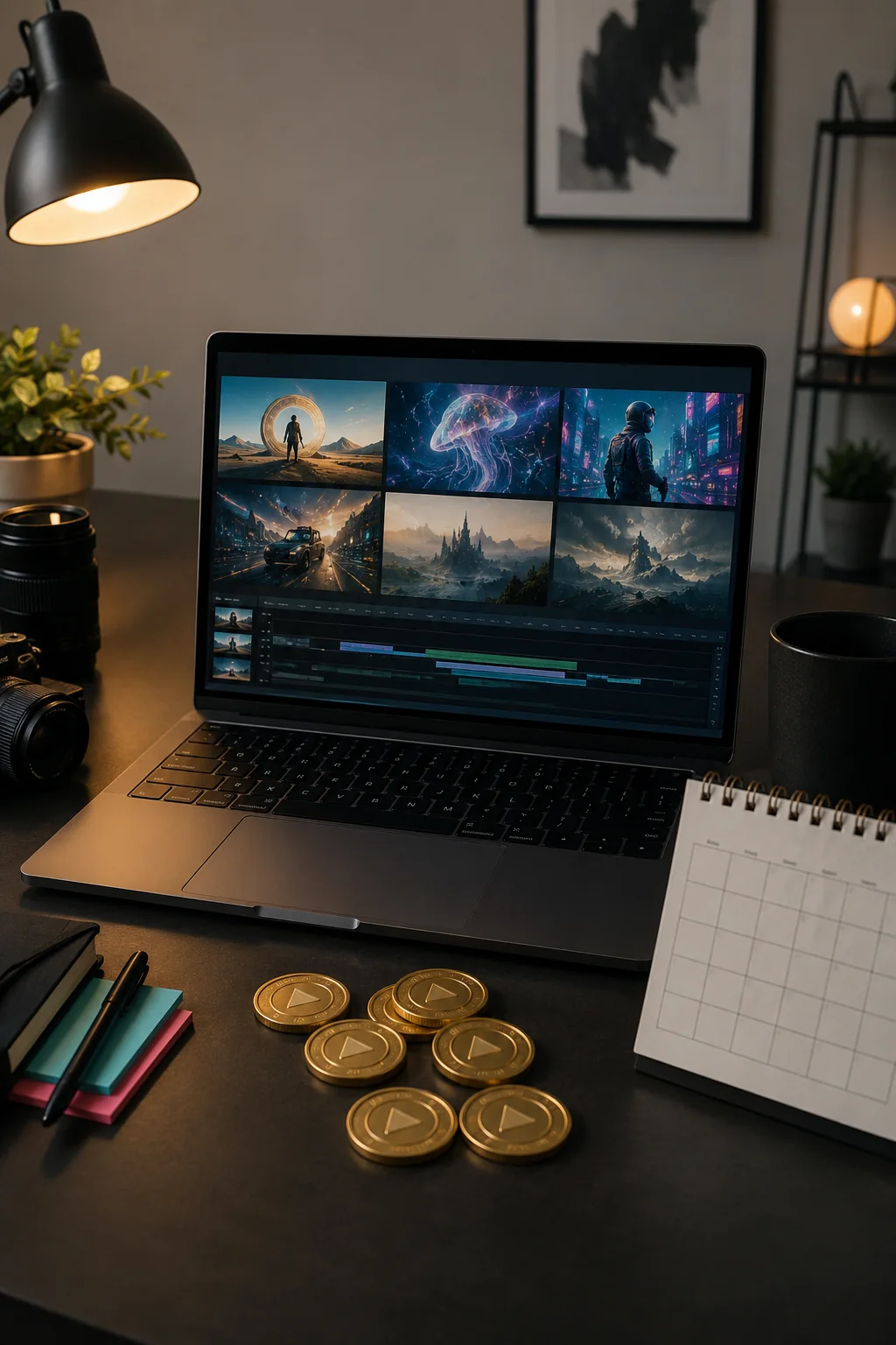 Concept visual of AI video generation credit planning with video thumbnails and credit tokens