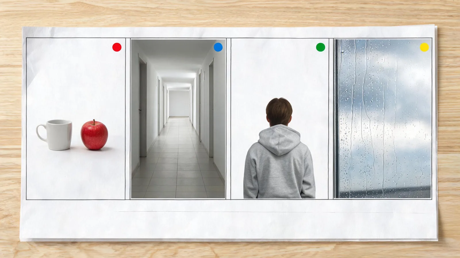 Four unbranded visual test cards for an object, hallway, permitted back-view portrait, and rain window, each marked as a separate test