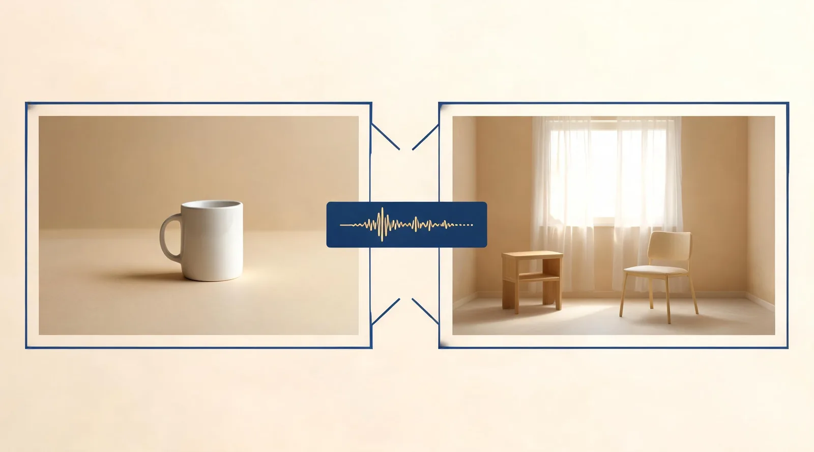 Text-free editorial test board with a ceramic-cup scene, a quiet-room scene, and one waveform strip used as a bounded audio-reference cue