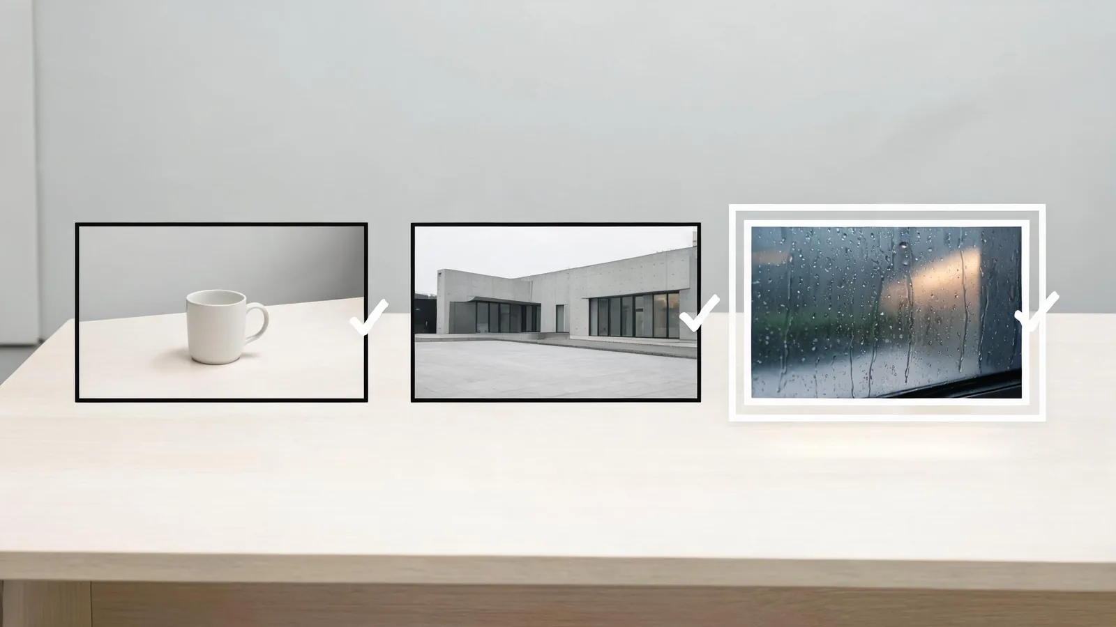 Three separate unbranded test cards for an object, a quiet building, and a rain-window shot, representing one controlled prompt test at a time