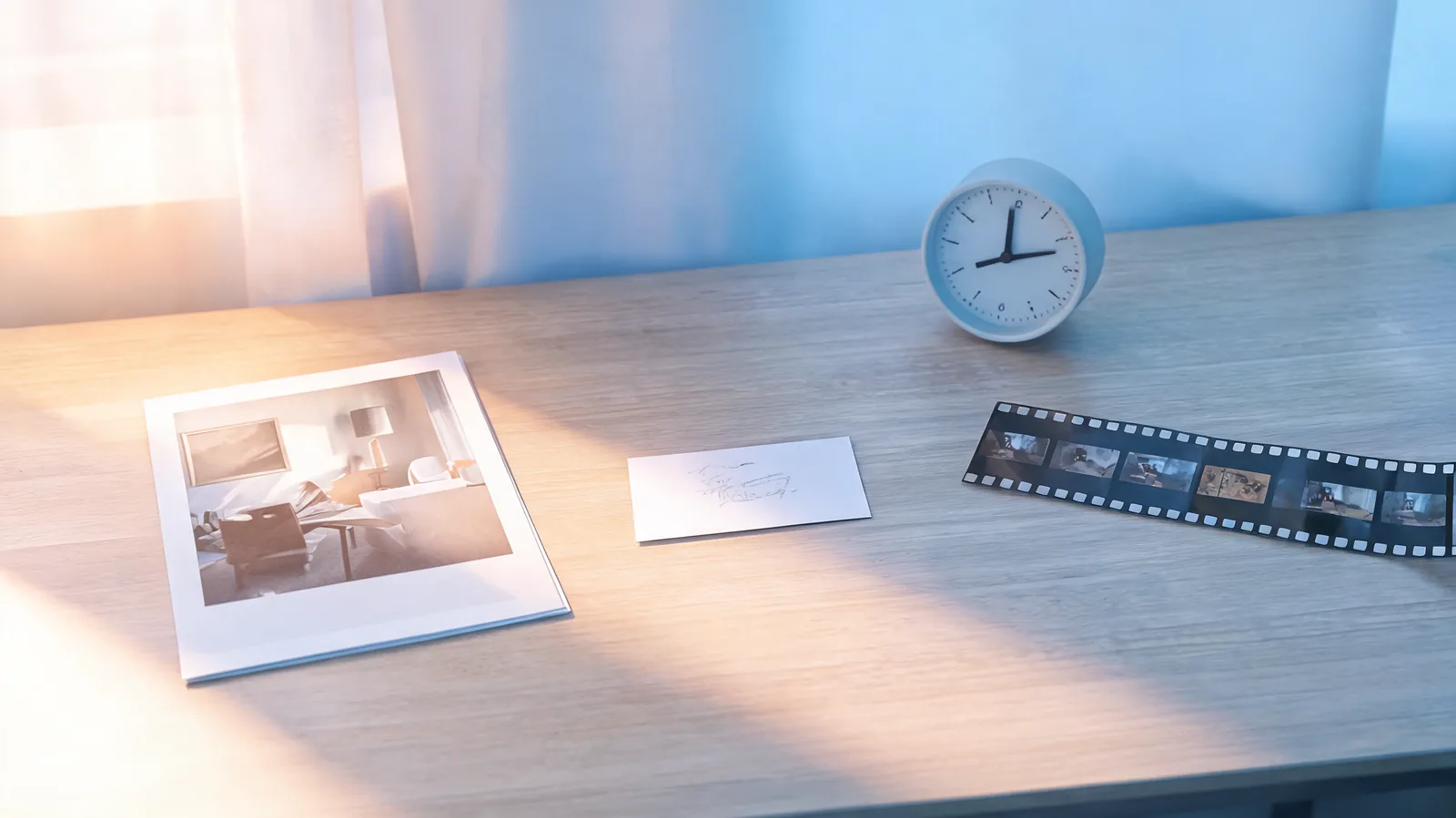 Controlled creative test desk with a plain source print, an unlabelled shot card, a clock, and a film-strip preview