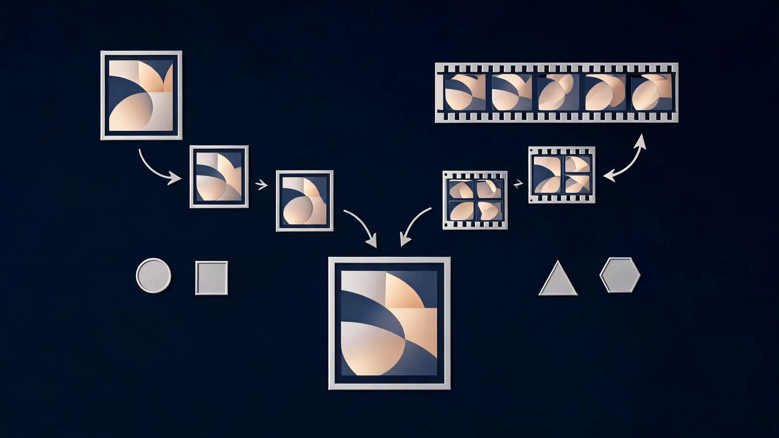 Unbranded production storyboard branching from an image-led path and a video-reference path toward a final video frame