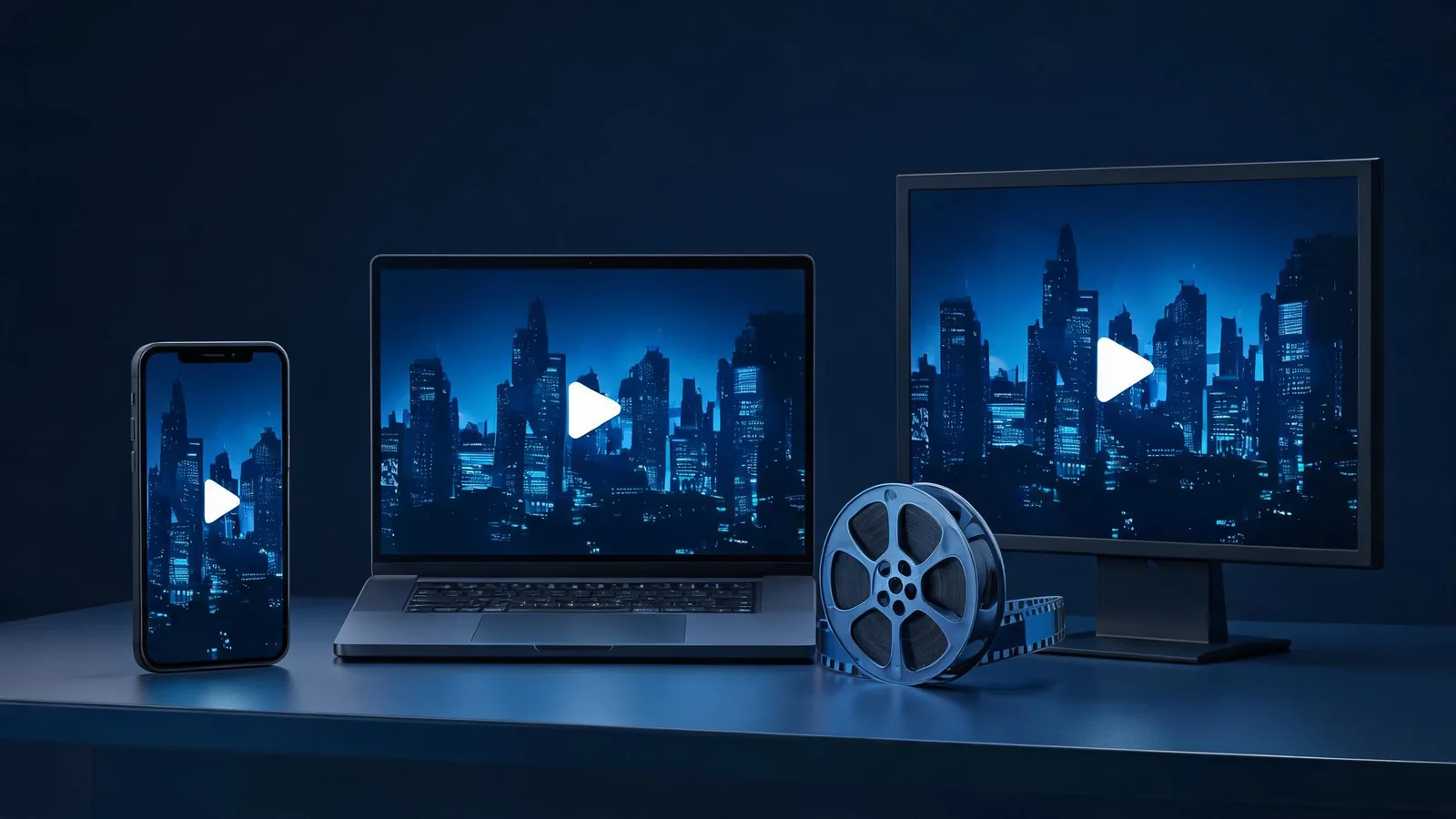 Unbranded laptop, phone, and display testing the same abstract video frame for playback compatibility