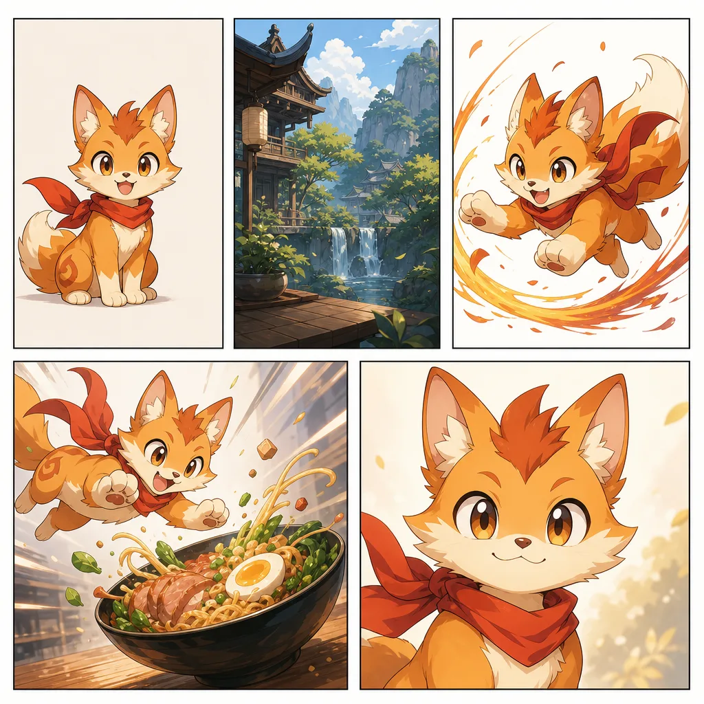 Seedance 2.5 anime prompt formula shown as five visual stages: subject, setting, style, motion, final frame