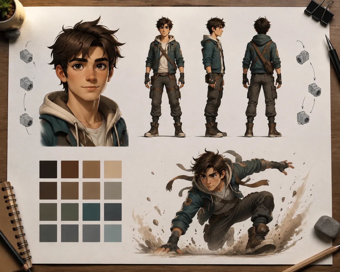 Character consistency reference board with face, full body, colors, and final motion frame