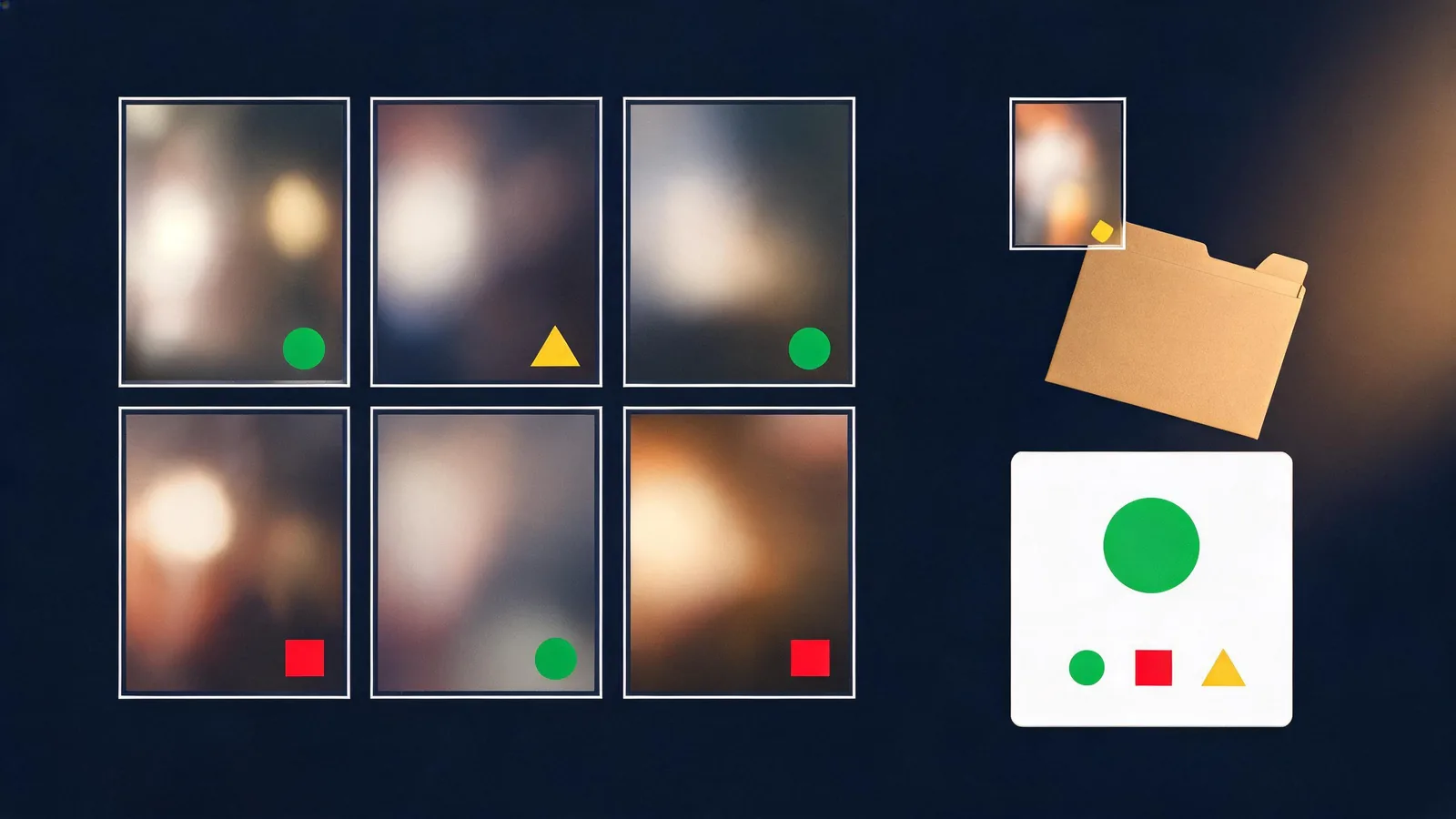 A completed-render review board with six clip frames, simple accept/revise markers, and a folder for the retained source record