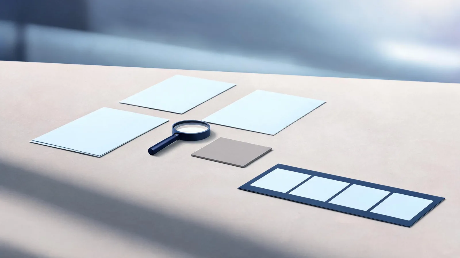 Editorial source-check desk with a browser page, a verified-source note card, a domain label card, and a simple video storyboard; no logos or readable interface text