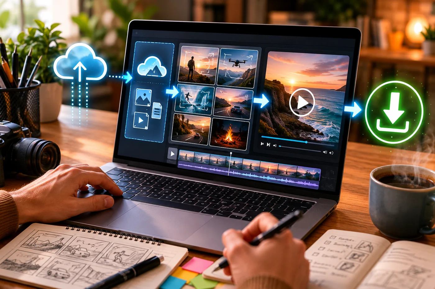 Concept visual of an online AI video generation workflow with cloud upload, storyboard frames, and download