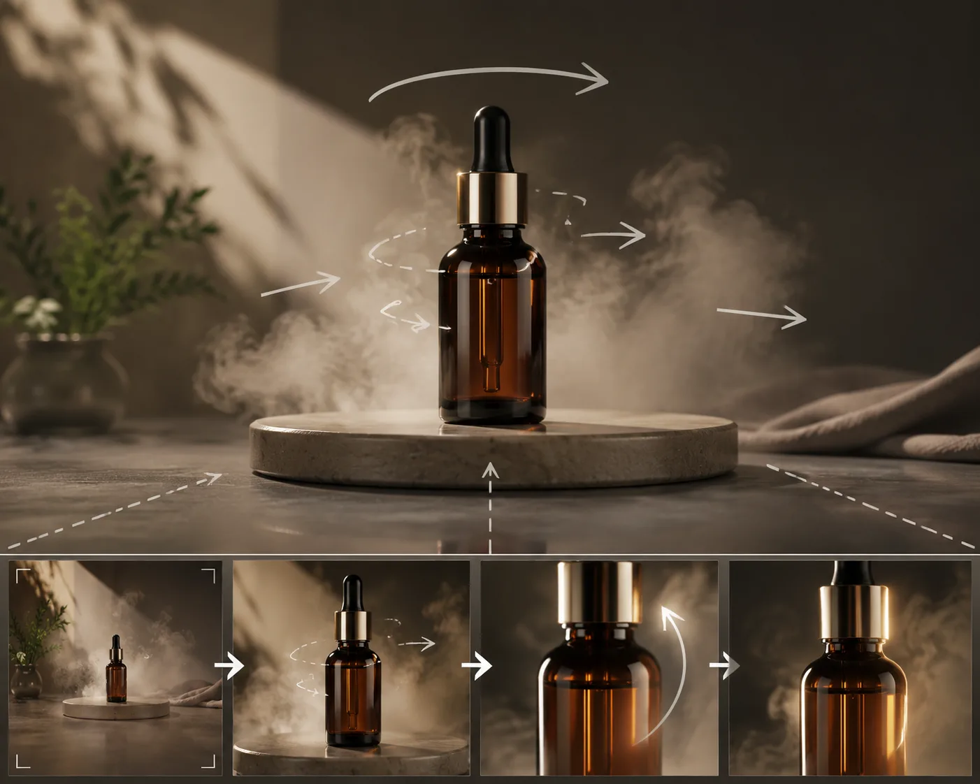 Product bottle motion plan with push-in, highlight, mist, and final hero frame