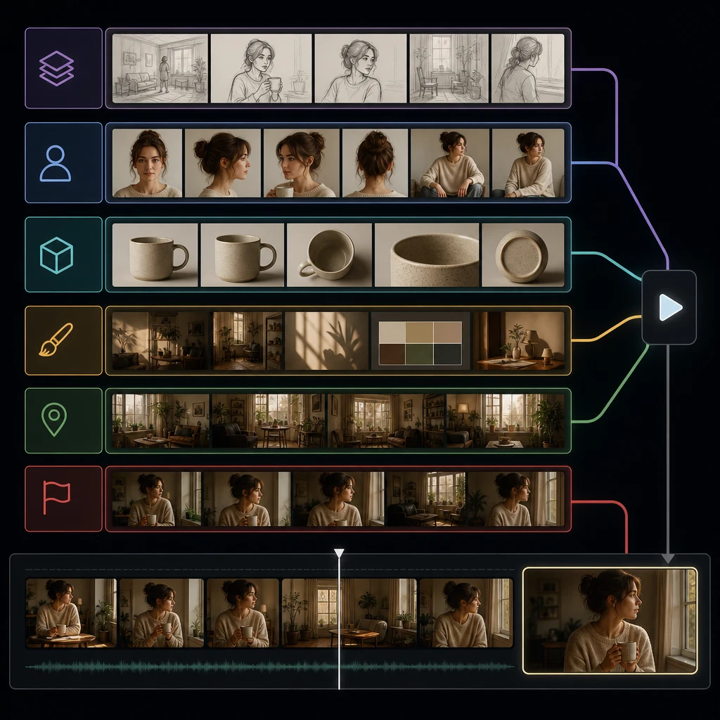 Reference stack diagram for Seedance 2.5 showing character, product, style, scene, and ending references