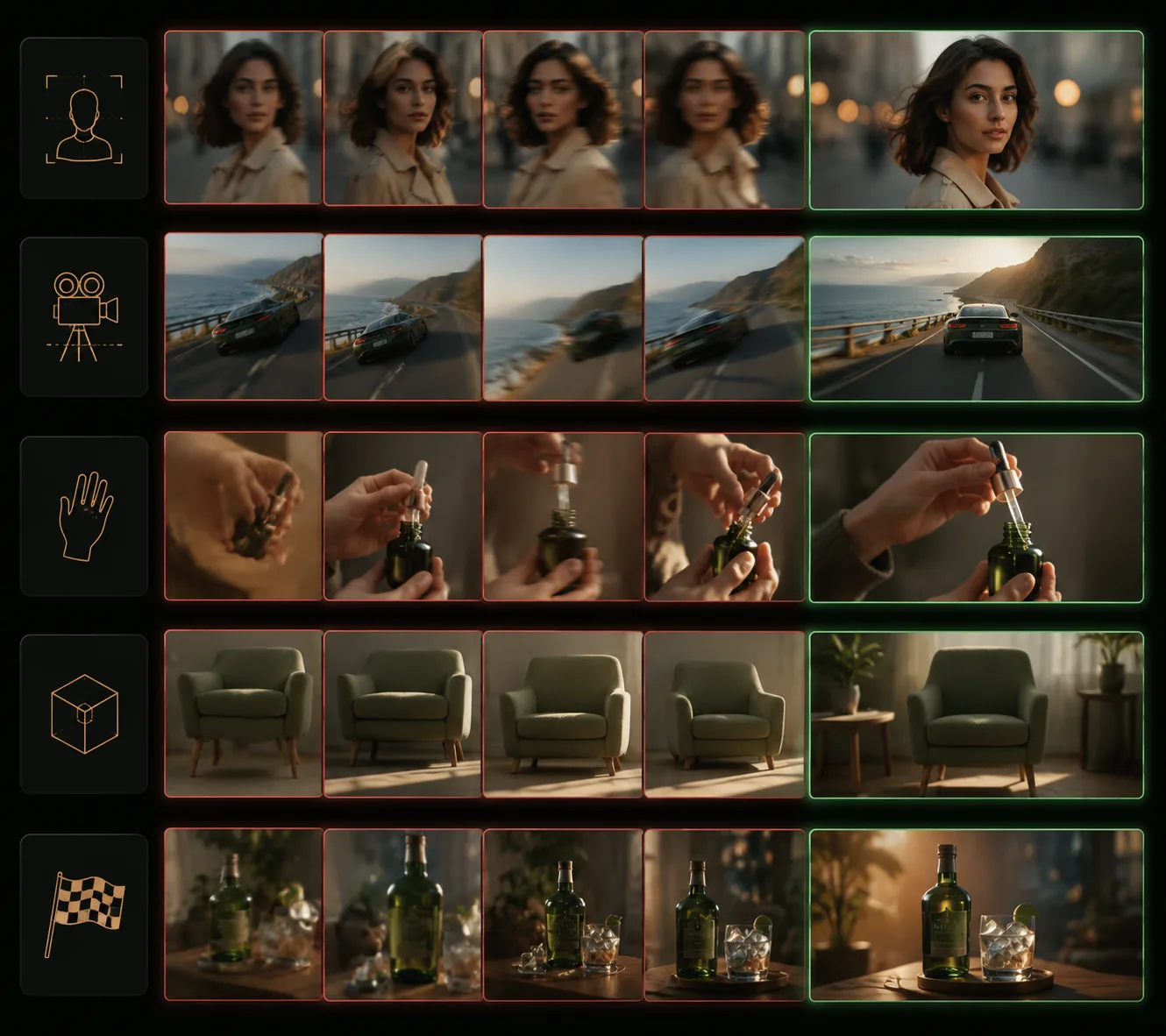 Motion quality checklist for AI image-to-video models showing subject stability, camera move, hand detail, product shape, and final frame