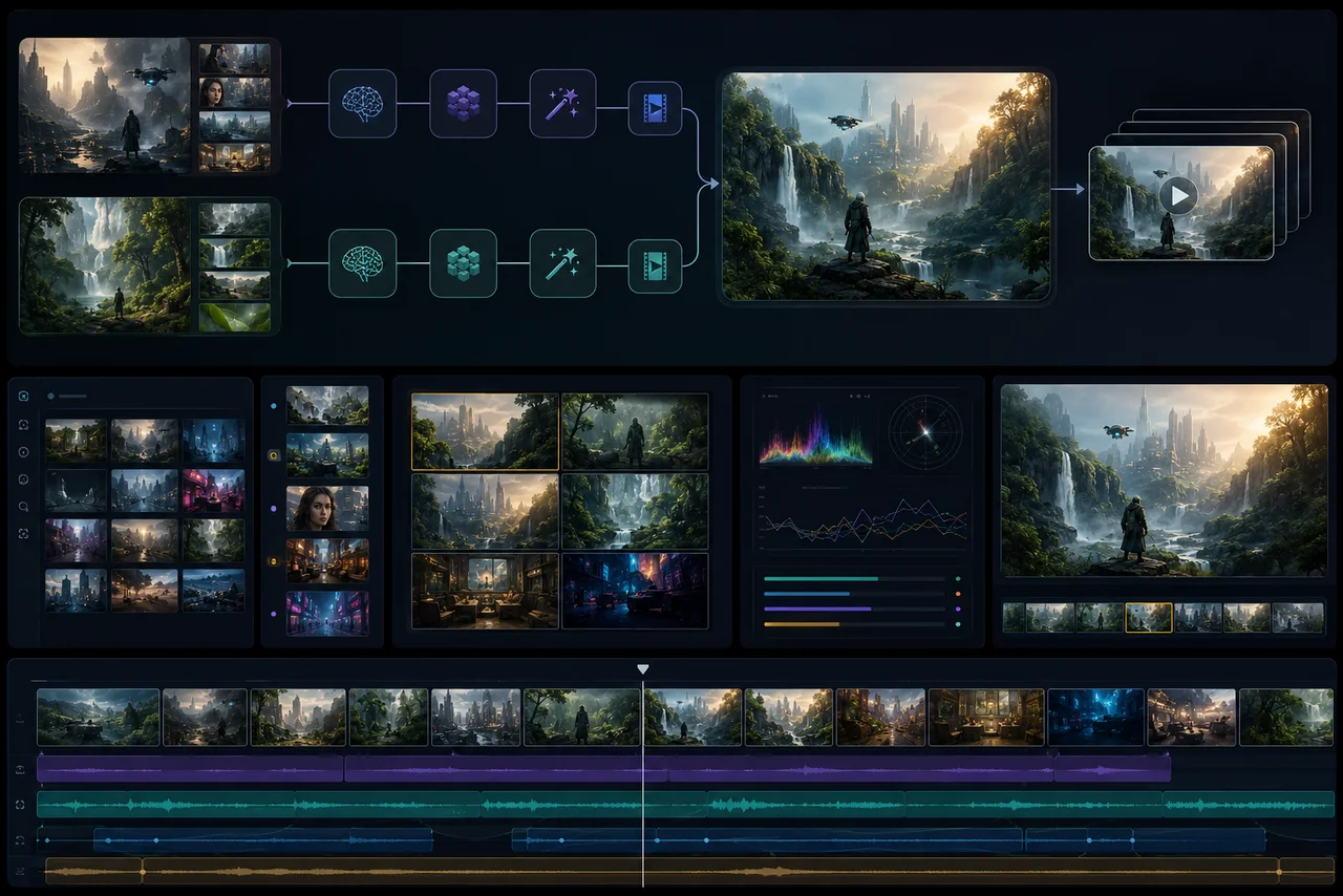 A text-free AI video model comparison workspace with two creator timelines and review criteria