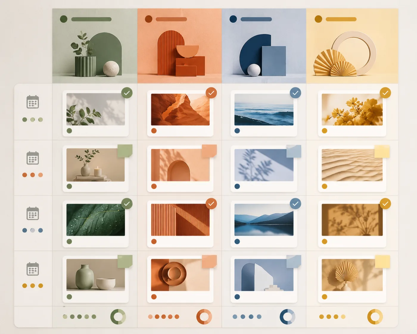 Abstract 30-day content planning grid with four distinct visual content pillars, source-image cards, short video placeholders, and review markers, no readable text or logos