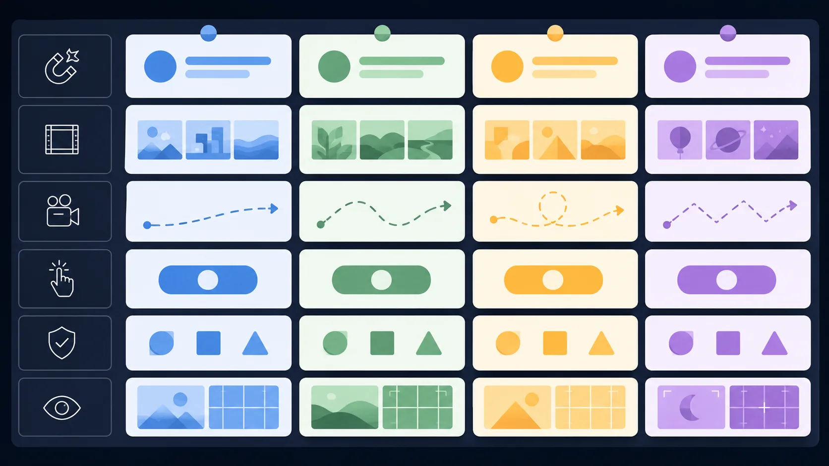 A clear A/B test variable matrix showing hook, first frame, camera move, CTA, approved facts, and visual QA as separate rows, no product interface
