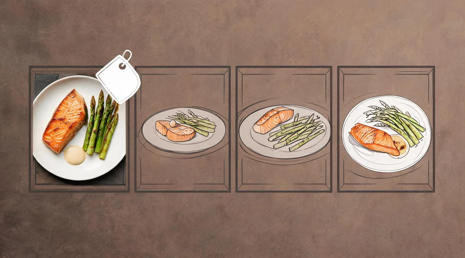Text-free editorial food-concept approval board comparing a verified salmon-and-asparagus plate with several clearly separate concept frames and a blank disclosure tag