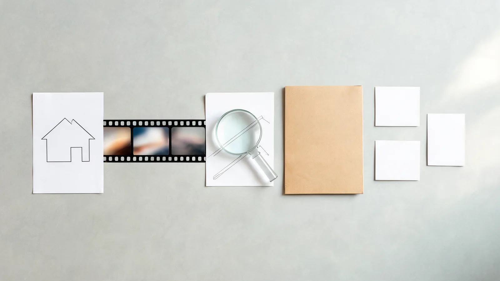 Text-free editorial property-media verification workspace with a generic house image, abstract motion filmstrip, architectural-line magnifier, source folder, and use-scope tokens