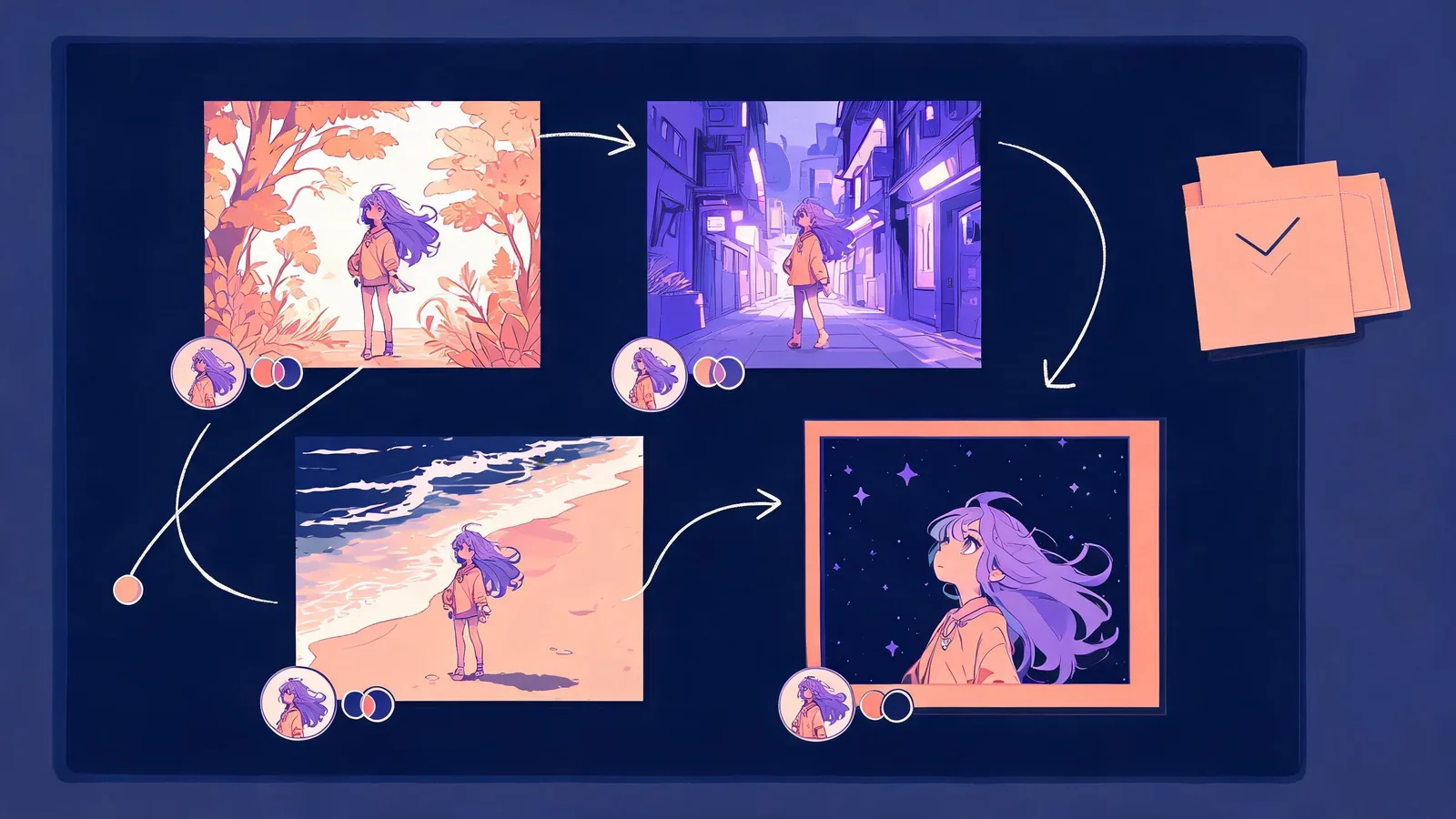 Editorial anime-video continuity board with original fictional frame thumbnails, character anchors, motion paths, source-permission folder, and final-frame review marker