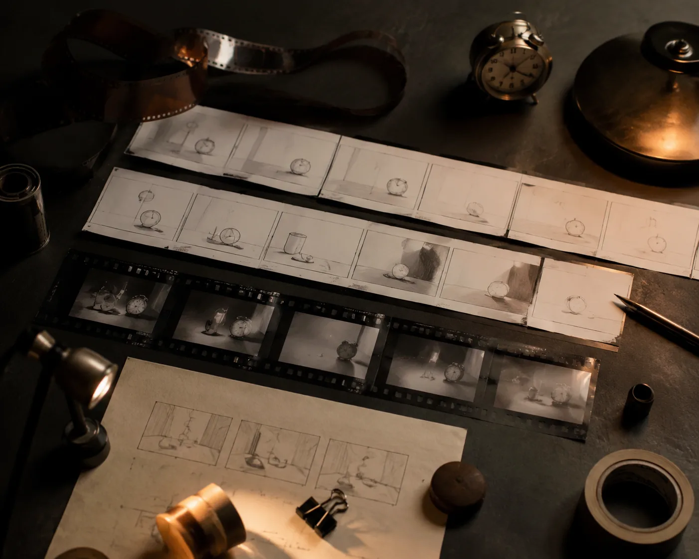 Object-based shot planning storyboard with a clock, film strip, and progressive motion frames, no devices or text