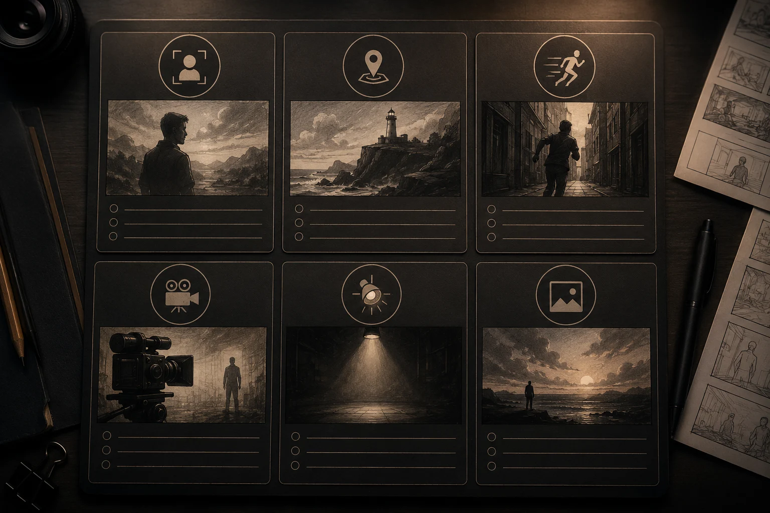 Cinematic AI video prompt anatomy board with cards for subject, setting, action, camera, lighting, and final frame