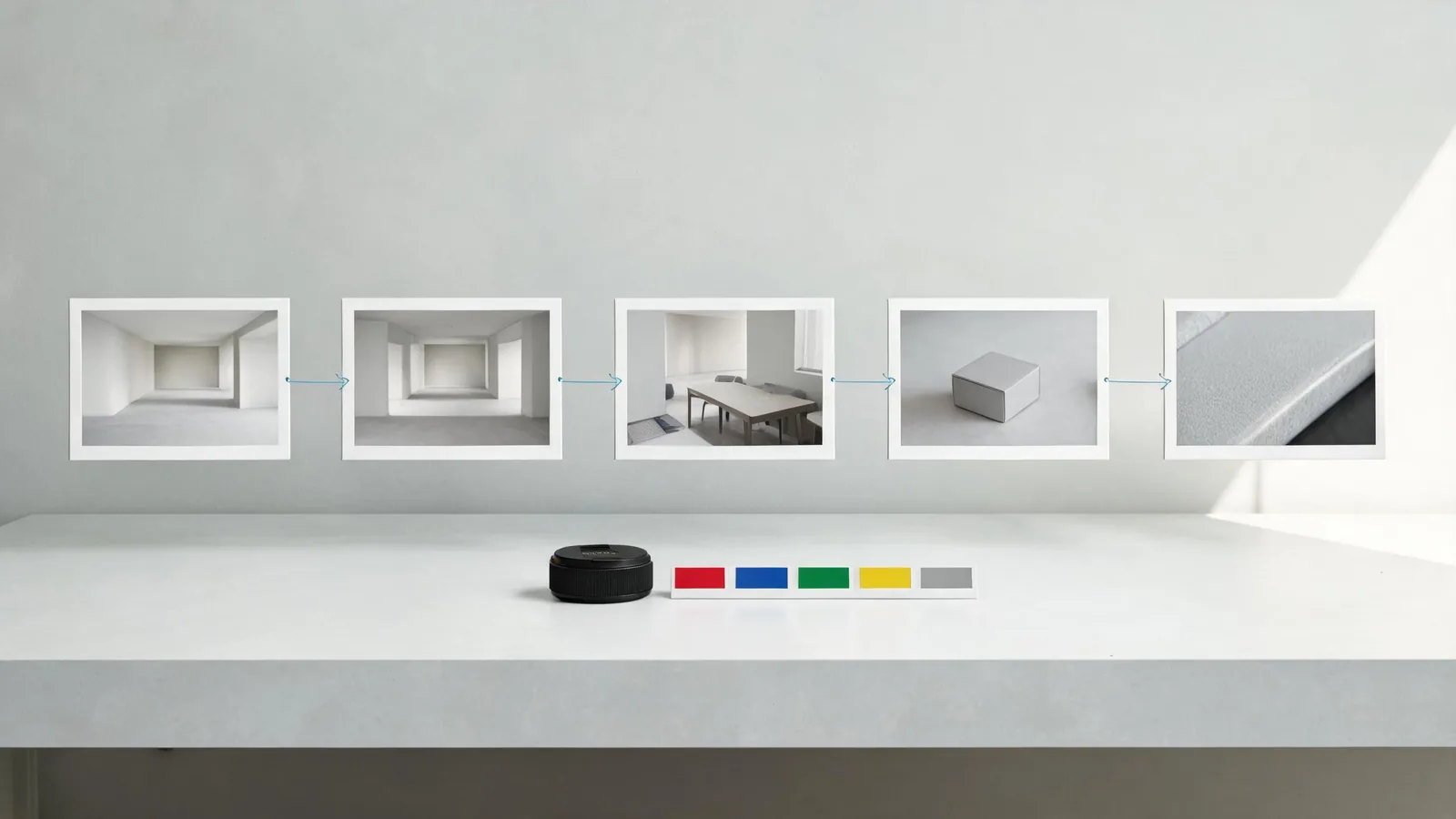 A five-frame unbranded sequence board moving from a wide room view to an object detail, connected with simple arrows