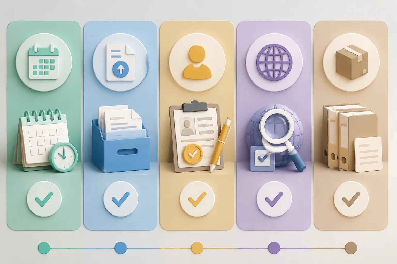 Five-part abstract checklist board for current terms, input rights, person consent, export review, and client delivery record; no people, no readable text, no logo, no watermark