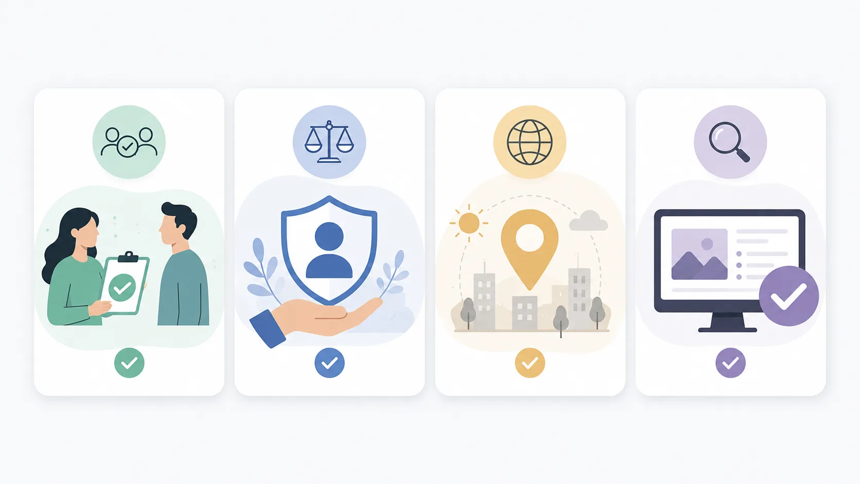 A restrained editorial four-step flow for consent, rights, context, and output review, rendered as neutral visual cards with no readable text or branding