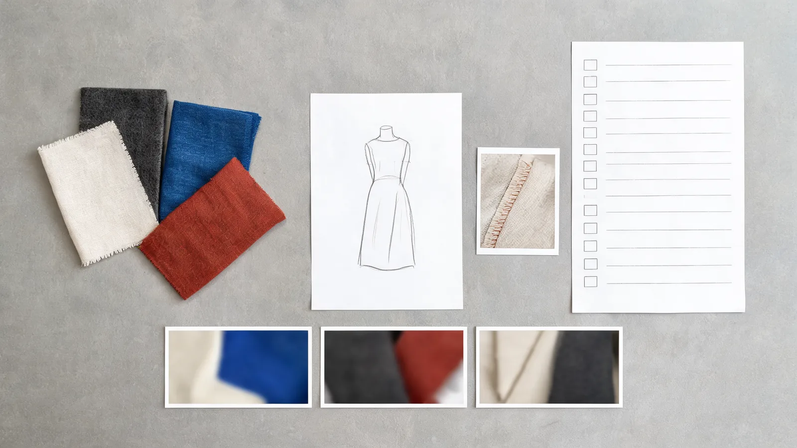Top-down editorial workspace with generic fabric swatches, a neutral silhouette sketch, garment-detail card, abstract motion frames, and a blank review checklist