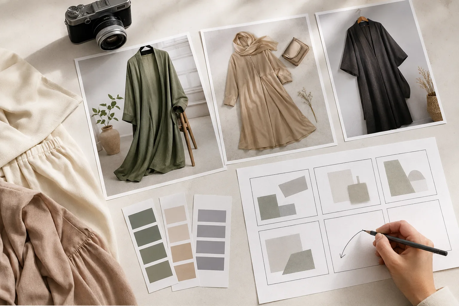 Top-down fashion video storyboard still life with garment swatches, camera marker, and three abstract frame cards, different composition from the editorial model portrait