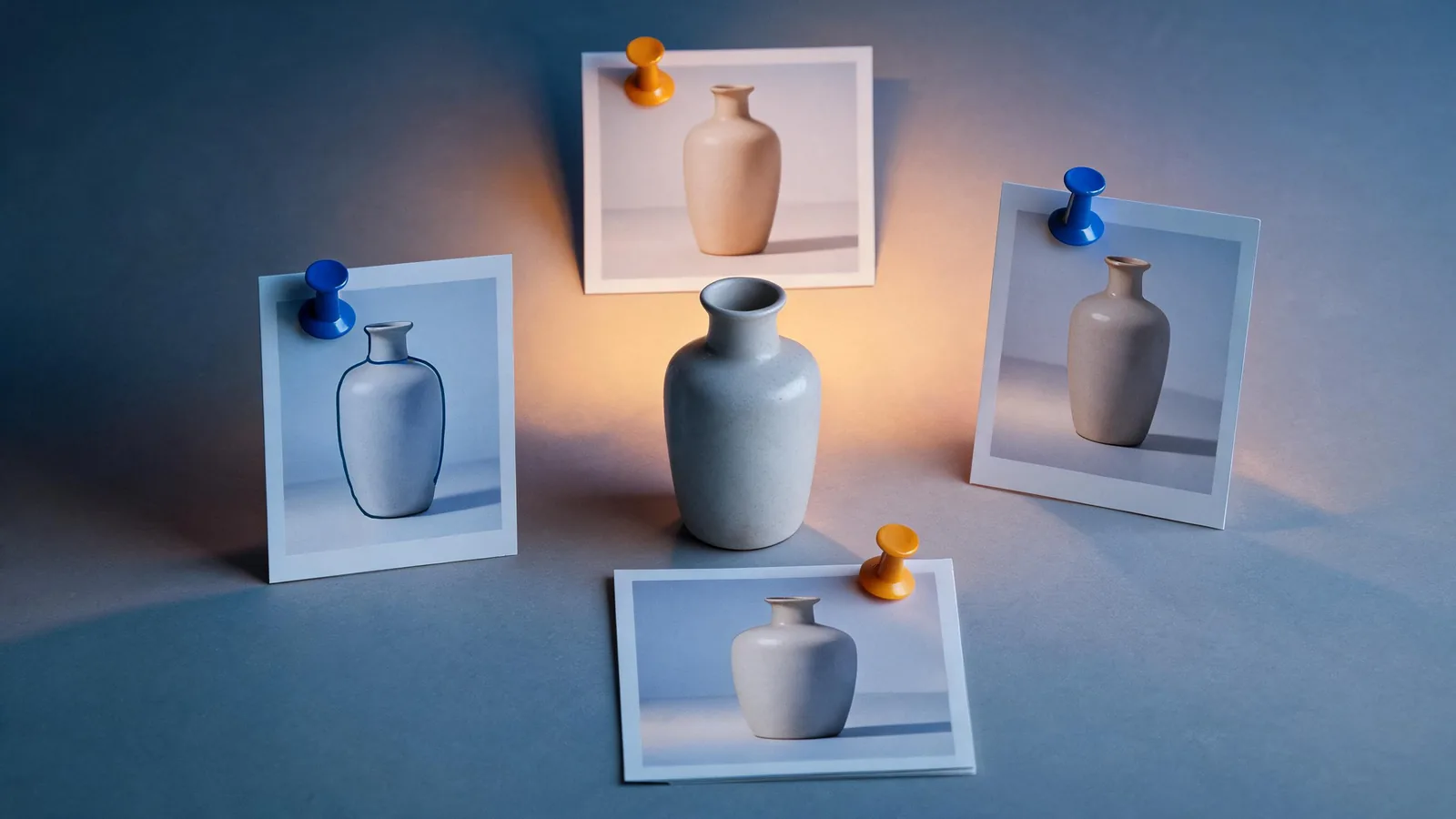 A text-free editorial review board with a plain ceramic vessel source and several controlled revision cards pinned for composition, lighting, and shape review