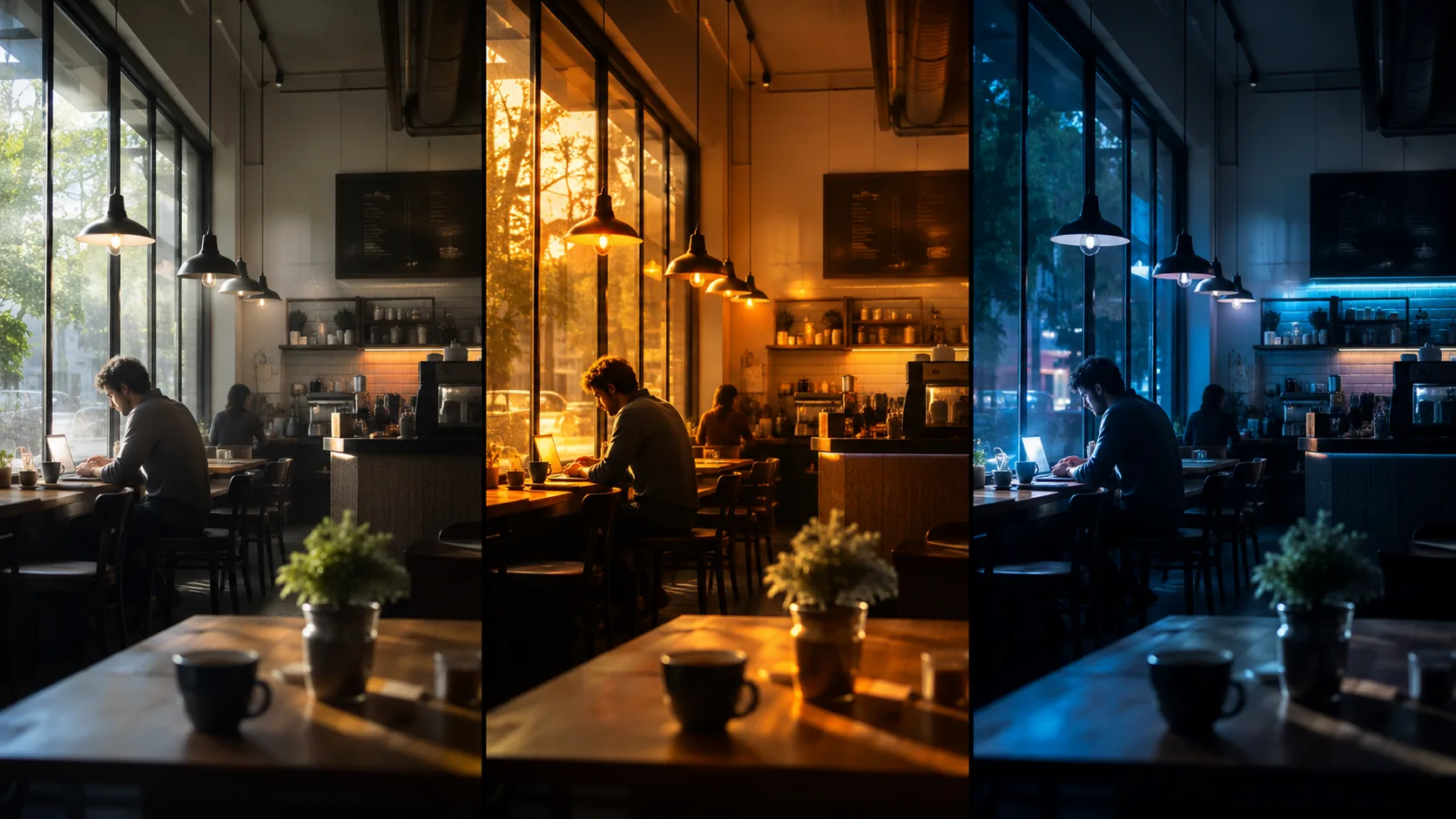 A polished three-panel lighting board of the same generic coffee shop scene in soft daylight, warm evening, and blue neon, no logos or readable text