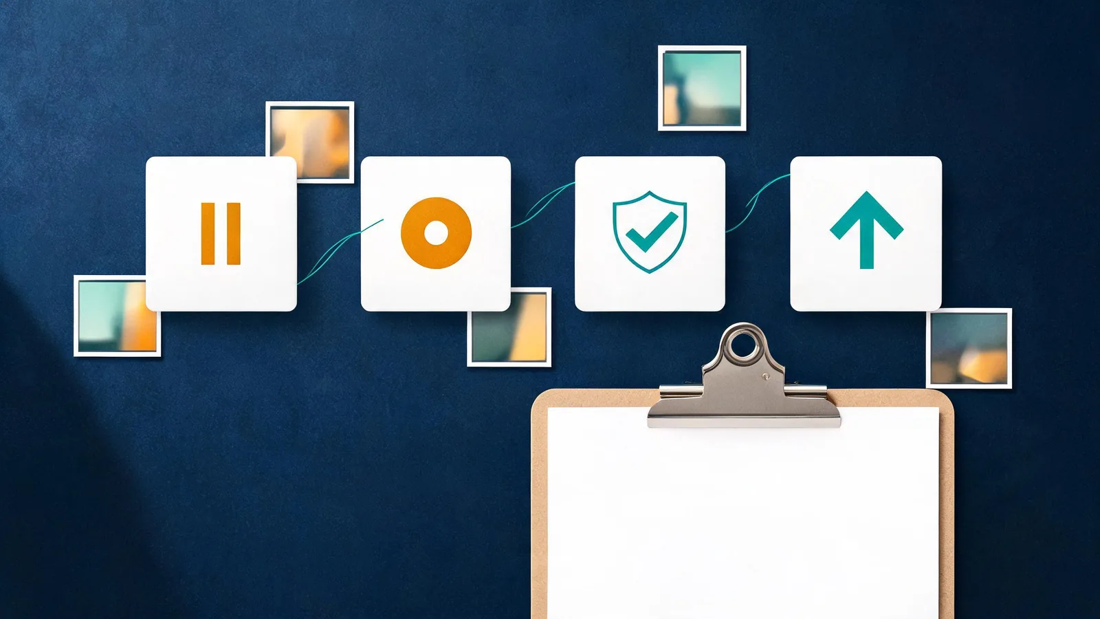 An editorial decision path with symbols for pause, record, safe revision, and escalation on a production desk; no readable text or logos