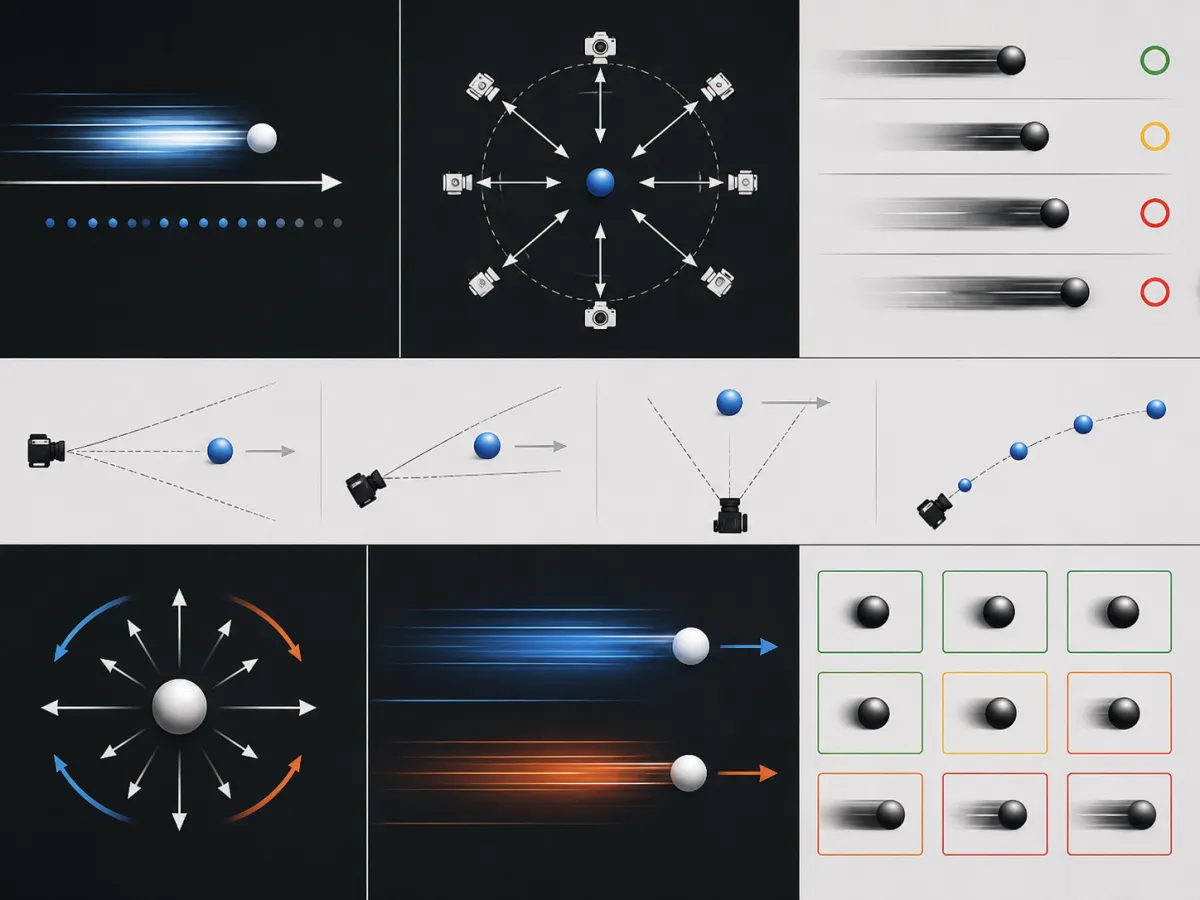 Technical motion-blur diagnostic board with abstract subject-speed, camera-direction, and blur-risk diagrams