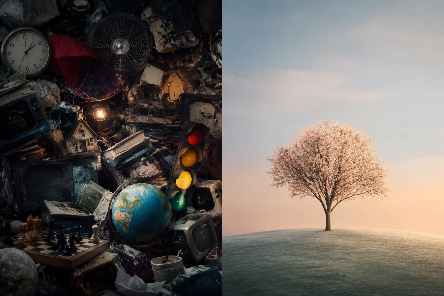 Abstract split concept showing an overloaded busy scene on one side and a simple controlled scene on the other, no people or text
