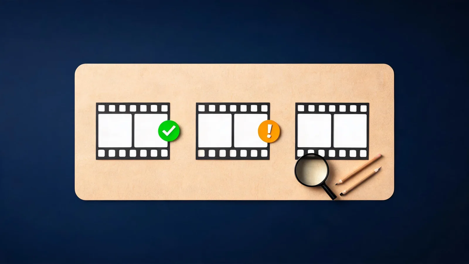 Editorial review board with three blank film frames, a check marker, a revise marker, magnifying loupe, and pencils; no product UI or readable text