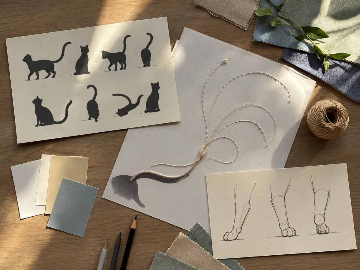 Pet video motion planning still life with a cat silhouette reference card, a tail movement path, a paw stability check, and a window-light frame strip, no real animal portrait, no text, no logos