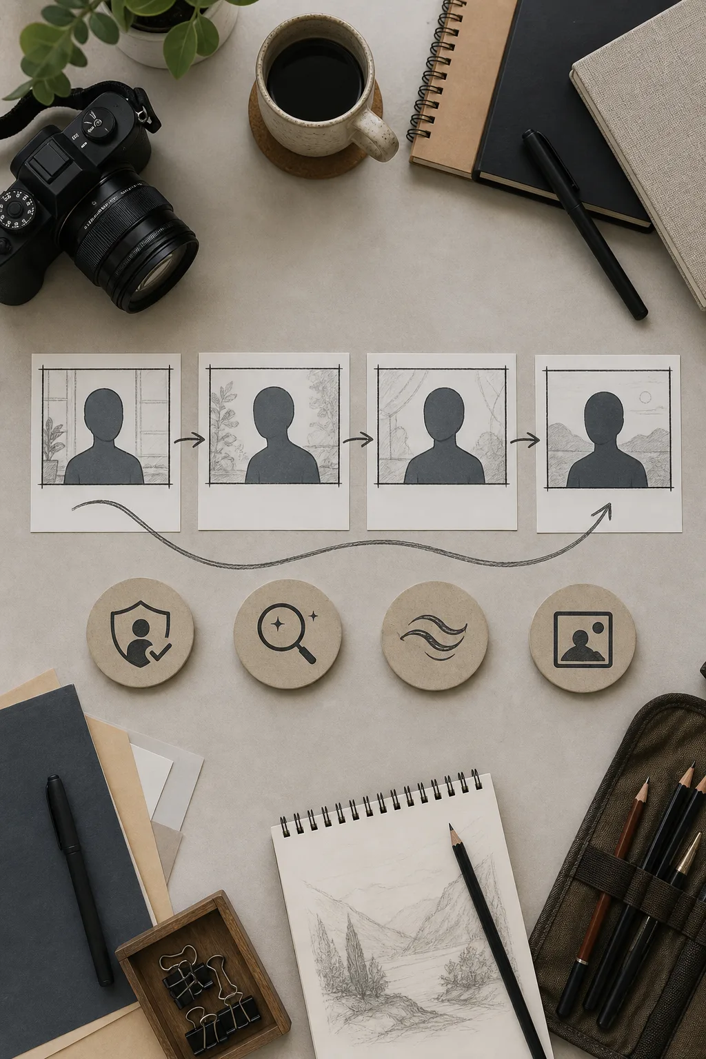 Conceptual portrait-animation planning board with a generic adult portrait reference, a small motion path, and a calm final-frame review, no readable text or logos