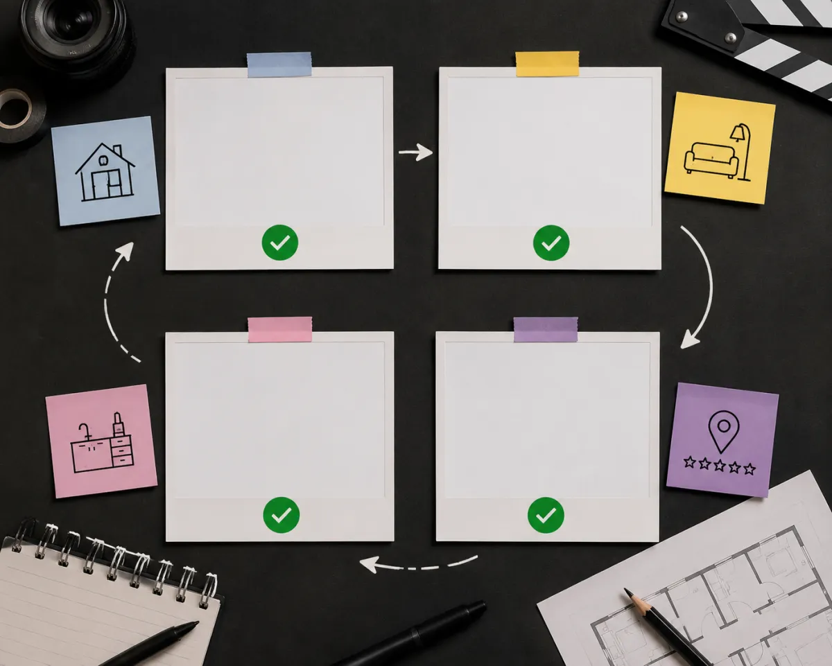 Real estate video planning board with verified exterior photo frame, room frame, detail frame, and factual review markers, no property text, no logos, no people