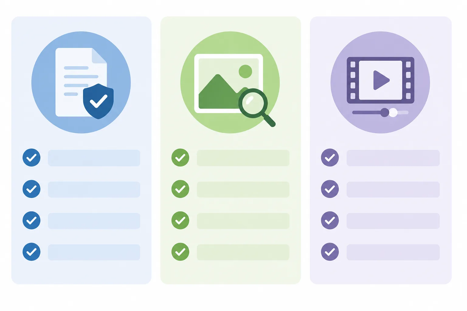 Three-column abstract review checklist for source rights, image clarity, and one controlled motion request, with simple icons and no people or readable text, no logo, no watermark