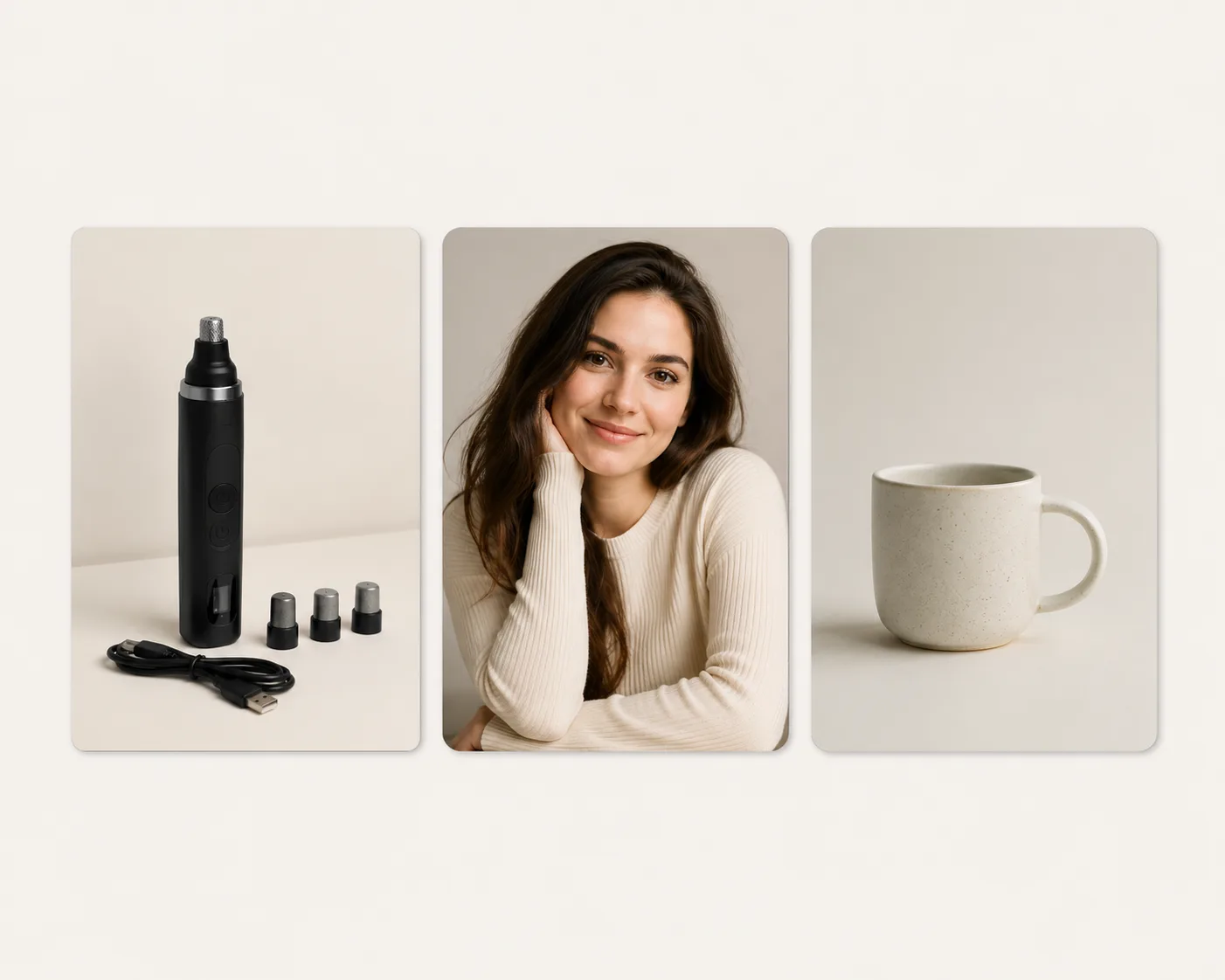 Clean unbranded reference-image selection board with an original product photo card, a consent-approved adult portrait card, a simple object card, and clear empty margins; no readable text, no logo, no watermark