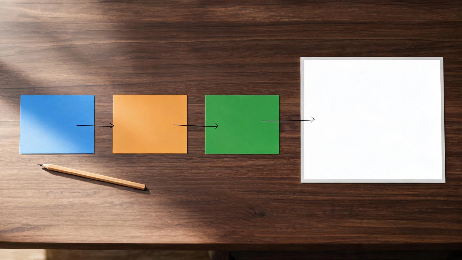 Three unlabeled color cards leading to one blank video frame on a production desk