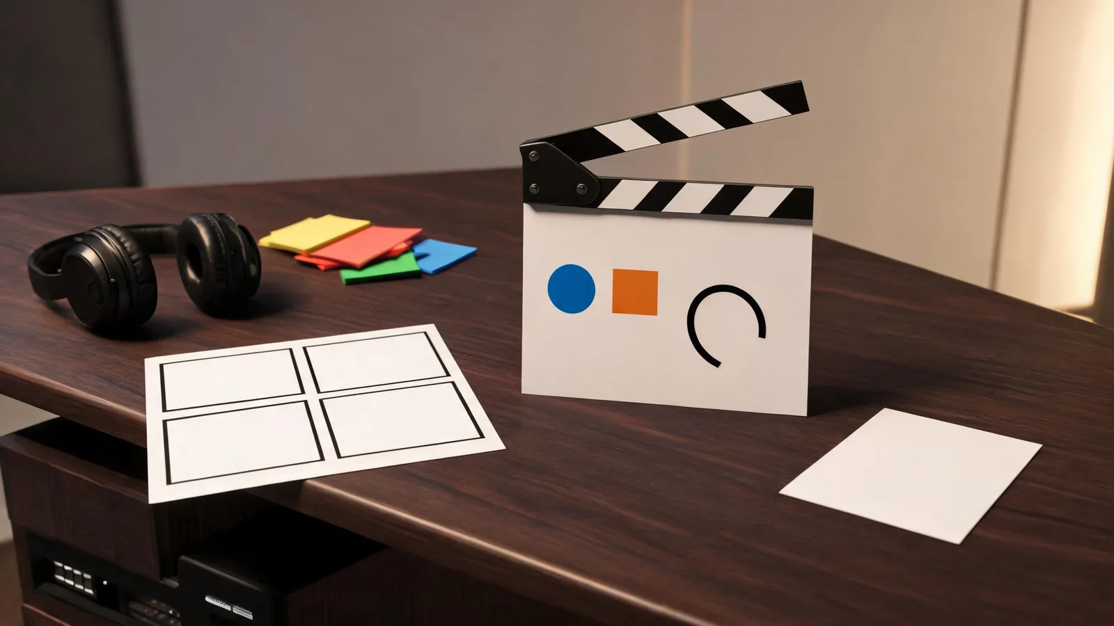 Editorial production desk with a labeled but unreadable video slate, a contact sheet of four blank frames, color tags, headphones, and a simple handoff card, modern cinematic lighting, no legible text, no logos