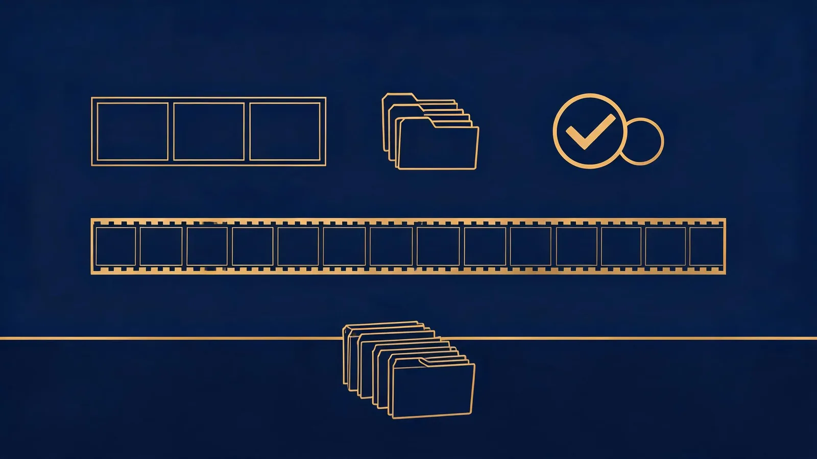 A text-free editorial transition workspace with a protected source archive, two generic creative workstations, film strips, and a reversible handoff bridge