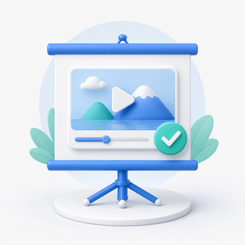 Presentation screen with play frame and approval check for agencies