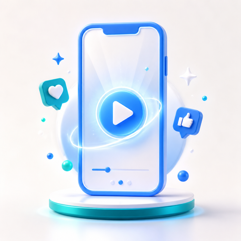 Vertical phone with glowing play button concept for content creators
