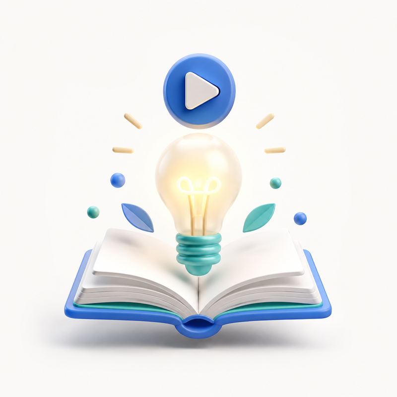 Open book with glowing lightbulb and play symbol concept for educators